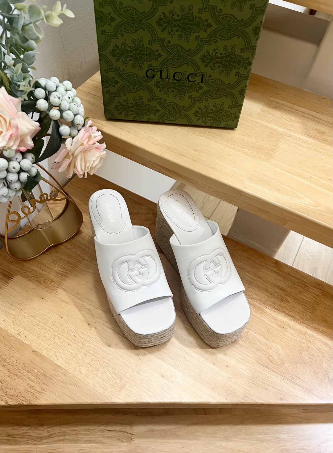 TOP GUCCI Double G Straw Platform Slippers - 3 Color