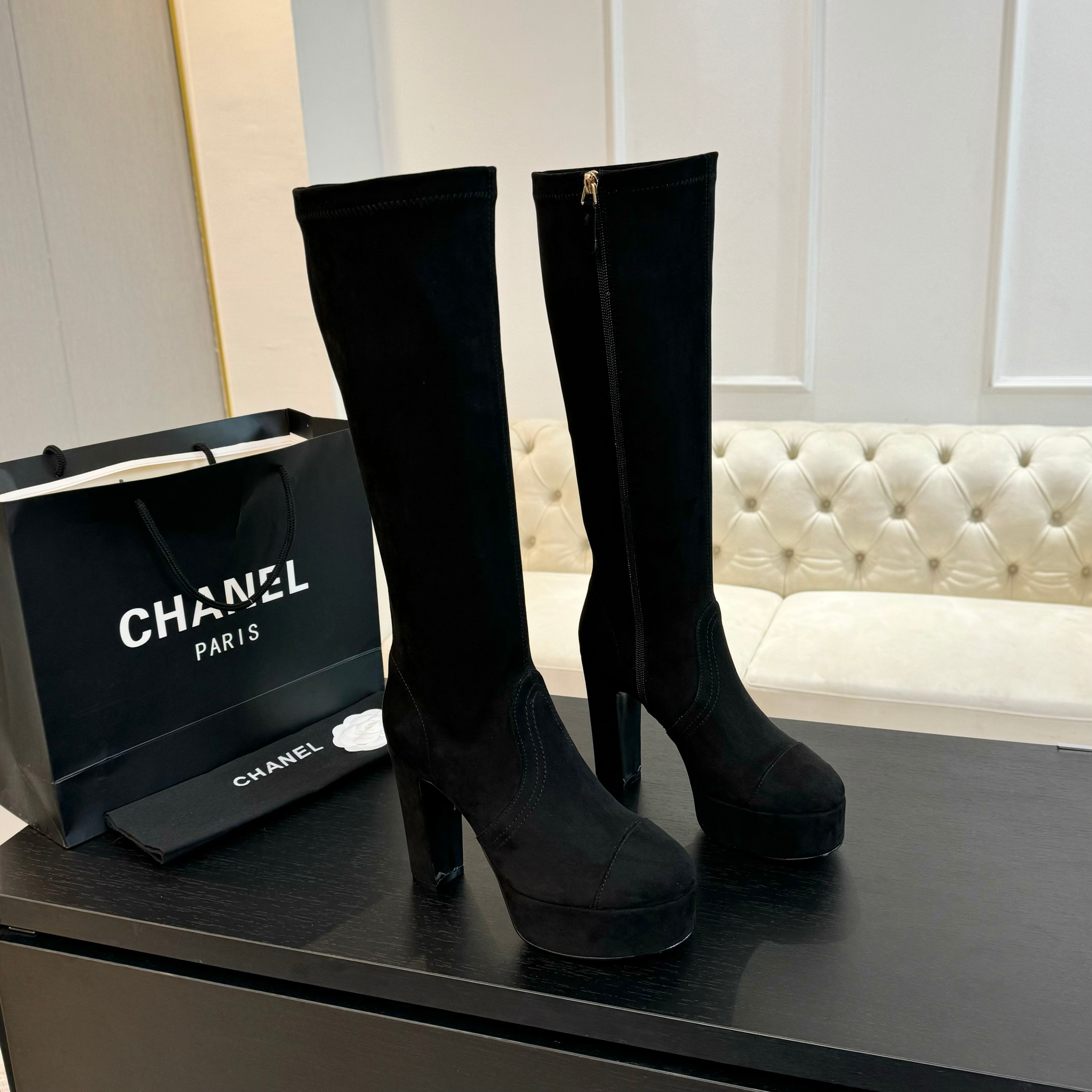 TOP CHANEL 11.5cm High Heel Leather Stretch Boots - 4 Color