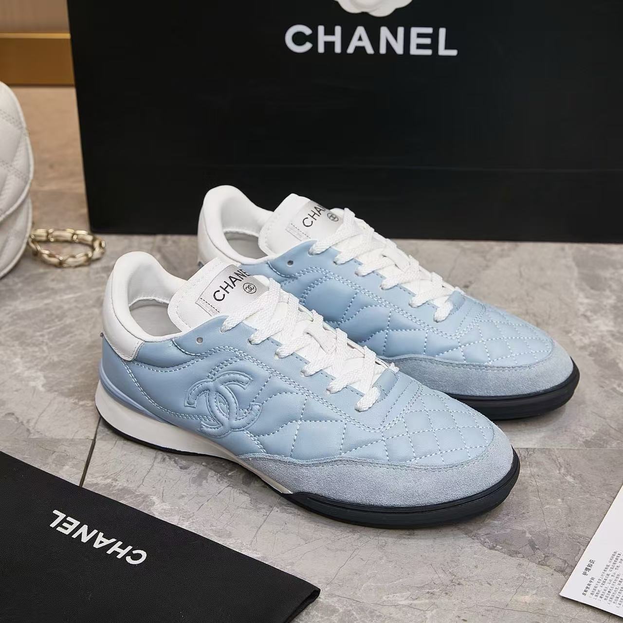 Chanel Women Quilted Diamond Lace‑Up Sneakers, Baby Blue Leather & Suede Mixed Retro Trainer Shoes