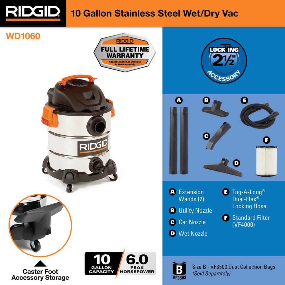 10 Gallon 6.0 Peak HP Stainless Steel Shop Vac Wet Dry Vacuum with Filter, Locking Hose and Accessory Attachments