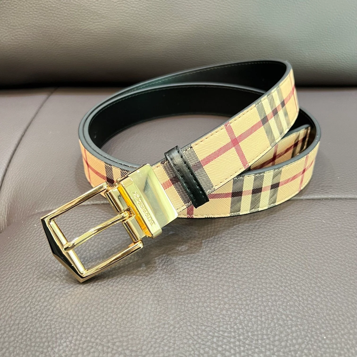 AAABELT Men Classic Plaid Faux Leather Reversible Belt, Square Pin Buckle & Monogram Metal Buckle Waist Strap for Jeans Trousers