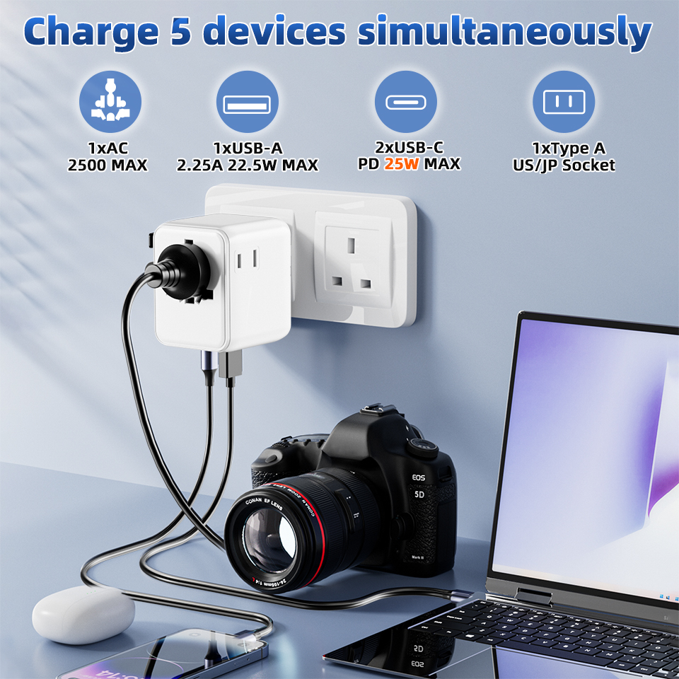 Newest Model PD 25W GaN World Plug Adapter Worldwide PD Travel Charger Gan Fast Charge Charger Input 20w Power Adapter (White)