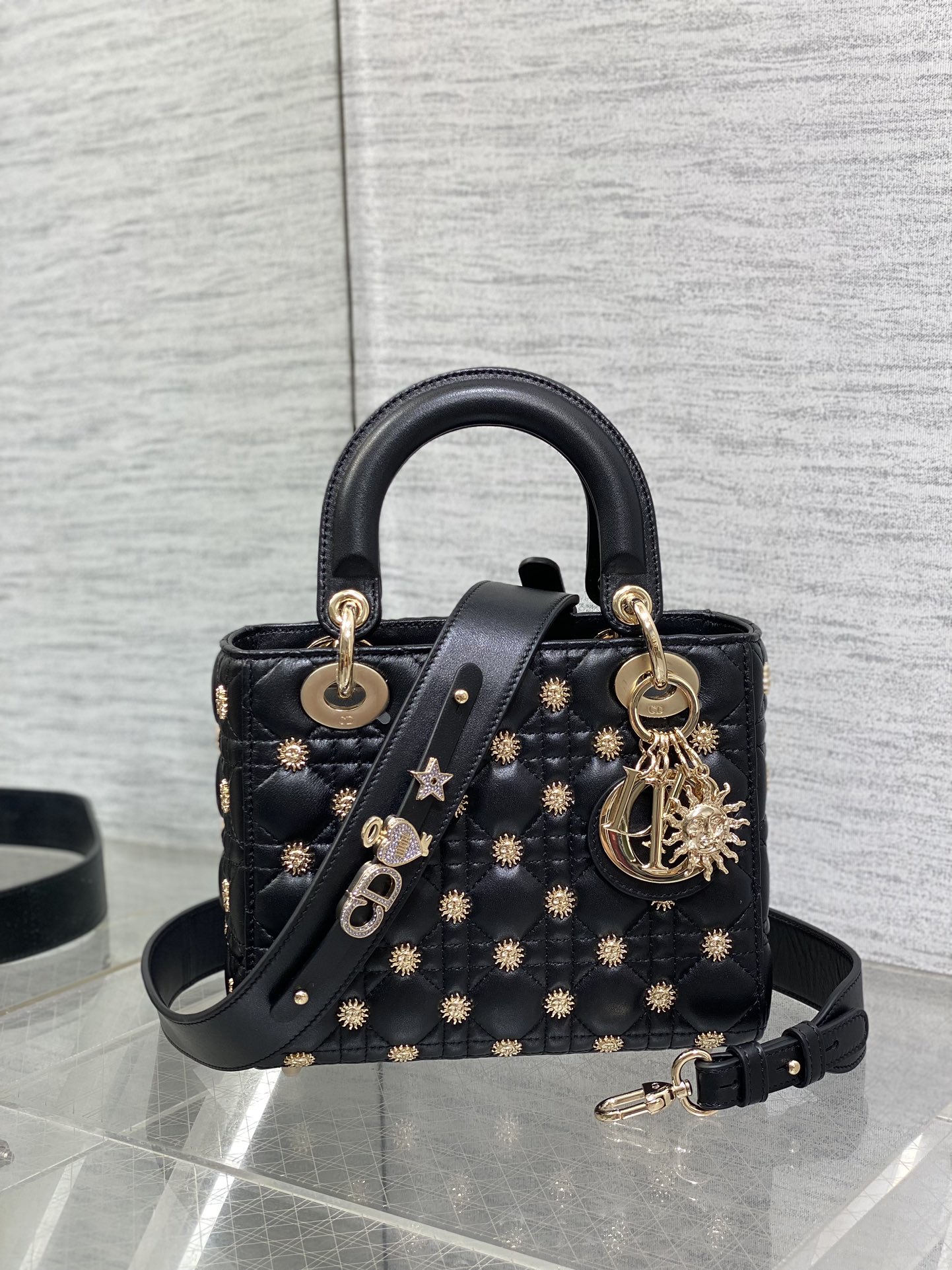 TOP Christian Dior Sun studded Lady Dior Bags 20cm - Black&GHW