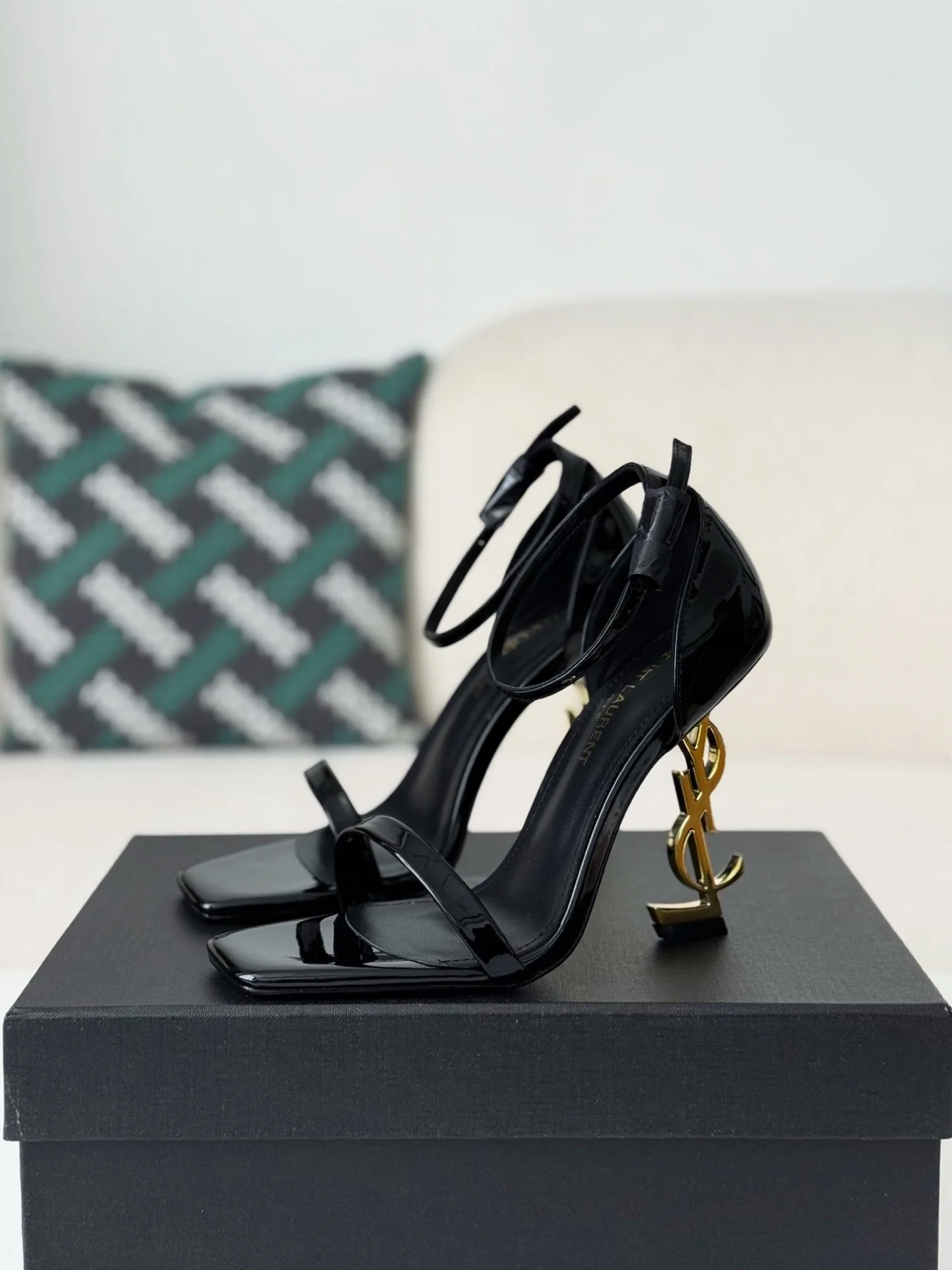 AAASandal Women Black Patent Leather Square Toe Ankle Strap Sandals Luxury Sculpted Metal Heel Party High Heels