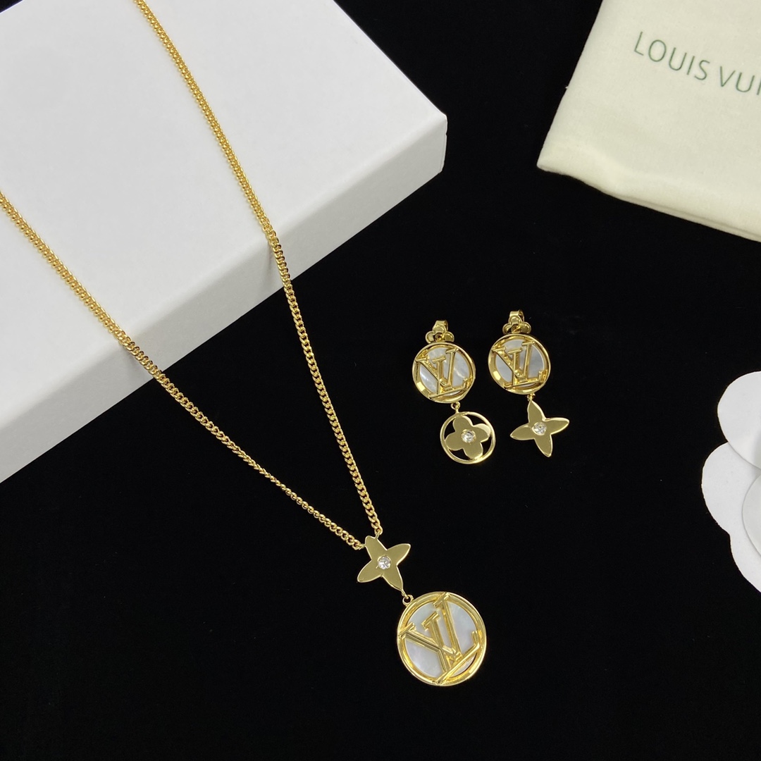 TOP Louis Vuitton LV Necklace Earrings Set - Gold