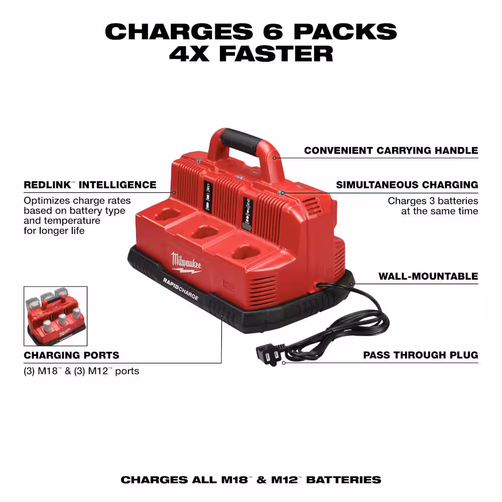 M12 and M18 12-Volt/18-Volt Lithium-Ion Multi-Voltage 6-Port Sequential Rapid Battery Charger (3 M12 and 3 M18 Ports)