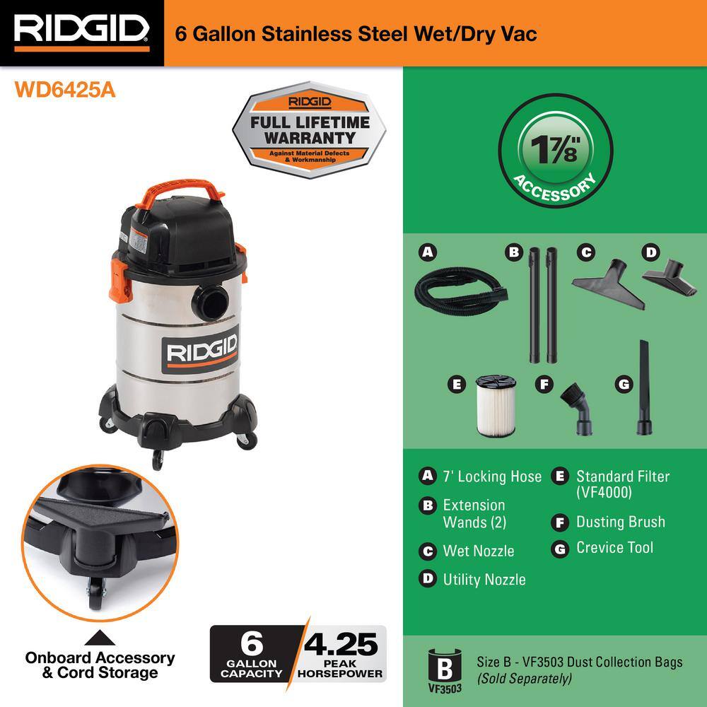 6 Gallon 4.25 Peak HP Stainless Steel Shop Vac Wet Dry Vacuum with General Debris Filter, Locking Hose and 6 Accessories