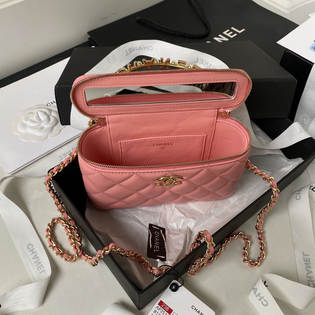 TOP CHANEL Vanity Case New Top Handle w Logo Lambskin 17*9.5*8cm - Red