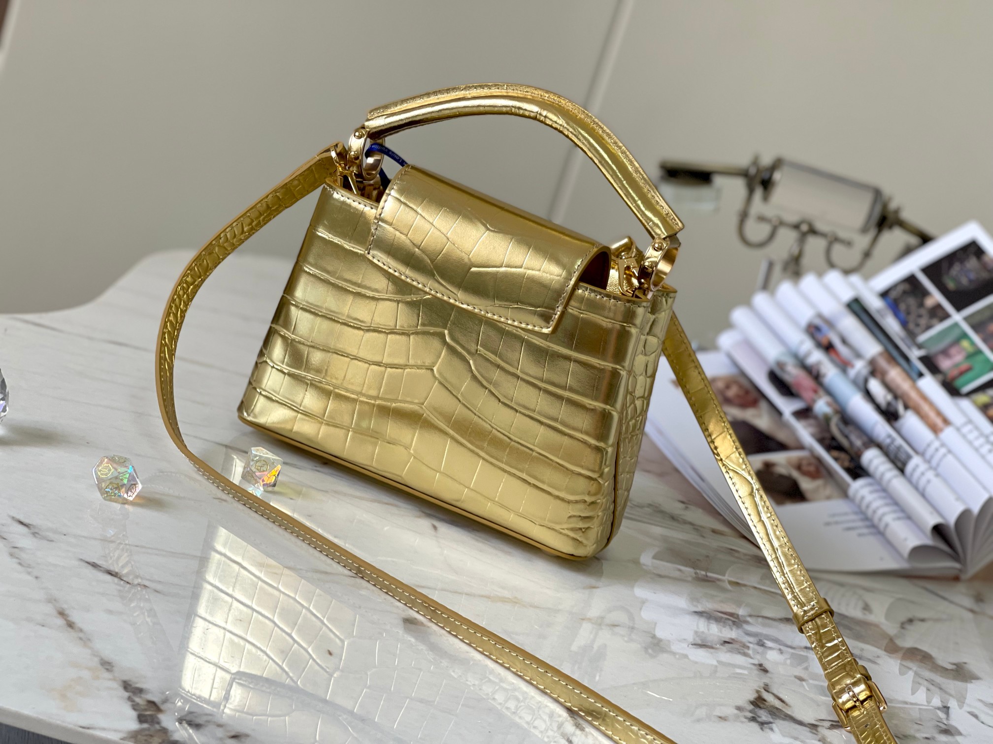 TOP Louis Vuitton LV Capucines Bag - Gold glossy with crocodile buckle
