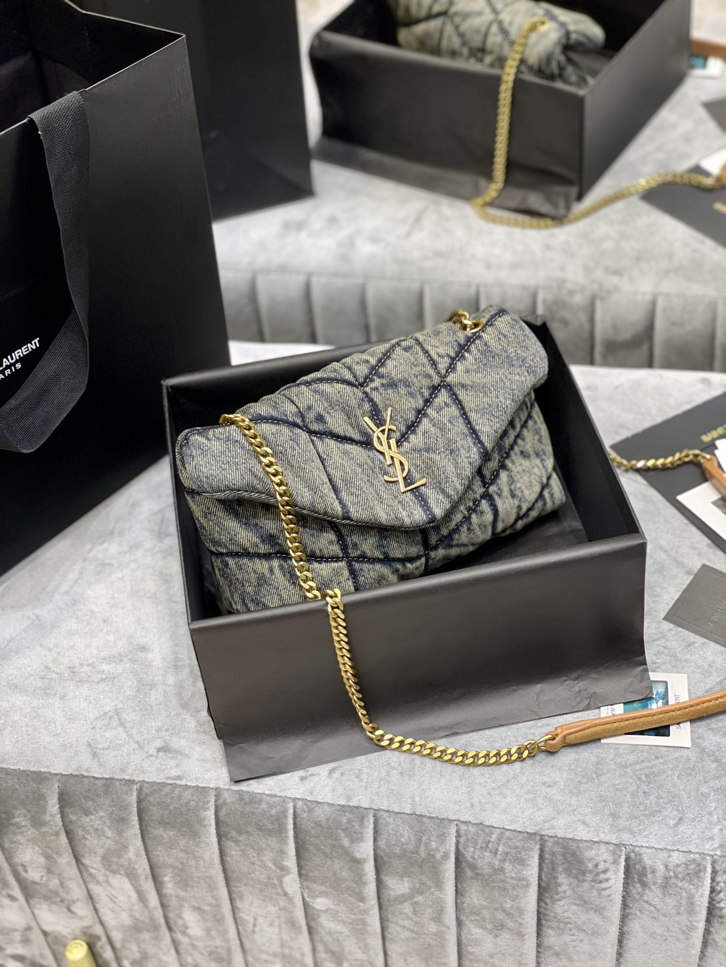 TOP Yves Saint Laurent YSL LouLou Bag 23/29/35cm - Denim Blue - Brown Shoulder Strap
