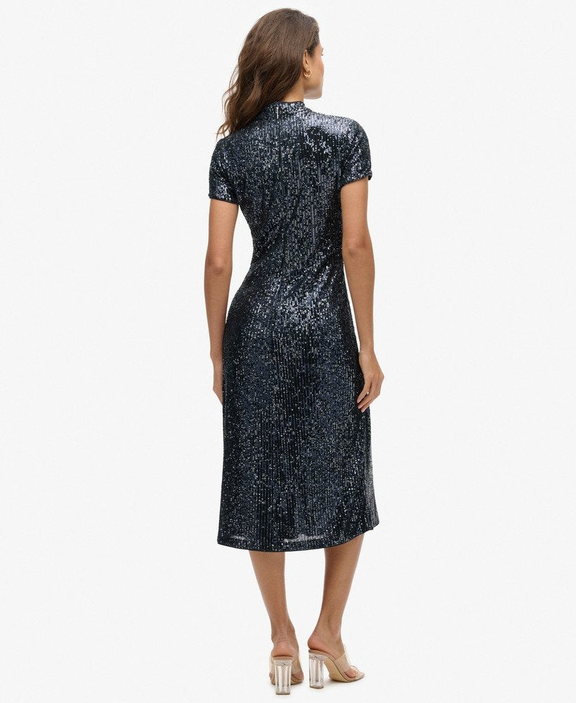 Mandarin Sequin Midi Dress | Gunmetal Sequin