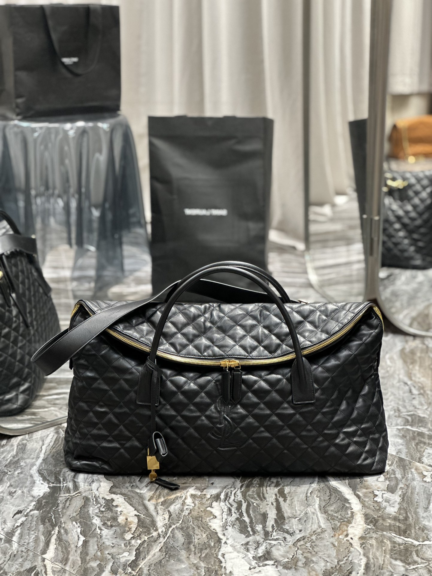 TOP Yves Saint Laurent YSL ES GIANT Travel Bag - Black - GHW