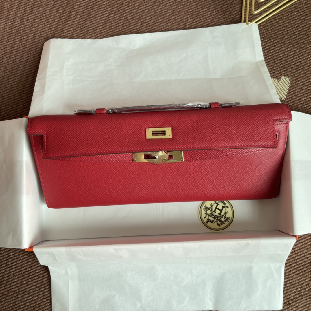TOP HERMES Kelly Cut Elan 31 Clutch - 31*14*3cm - Red & SHW