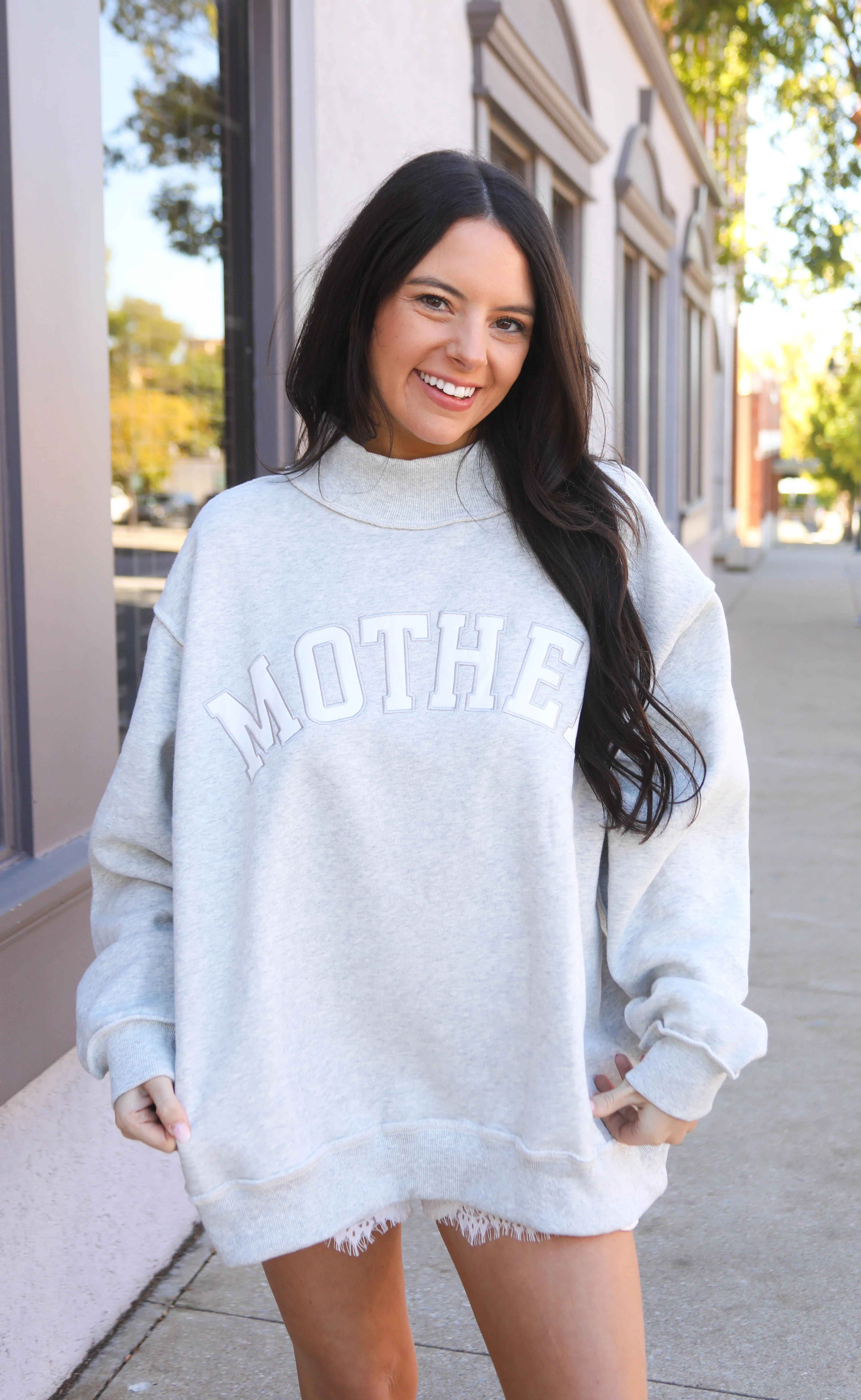 mother embroidered mock neck sweatshirt