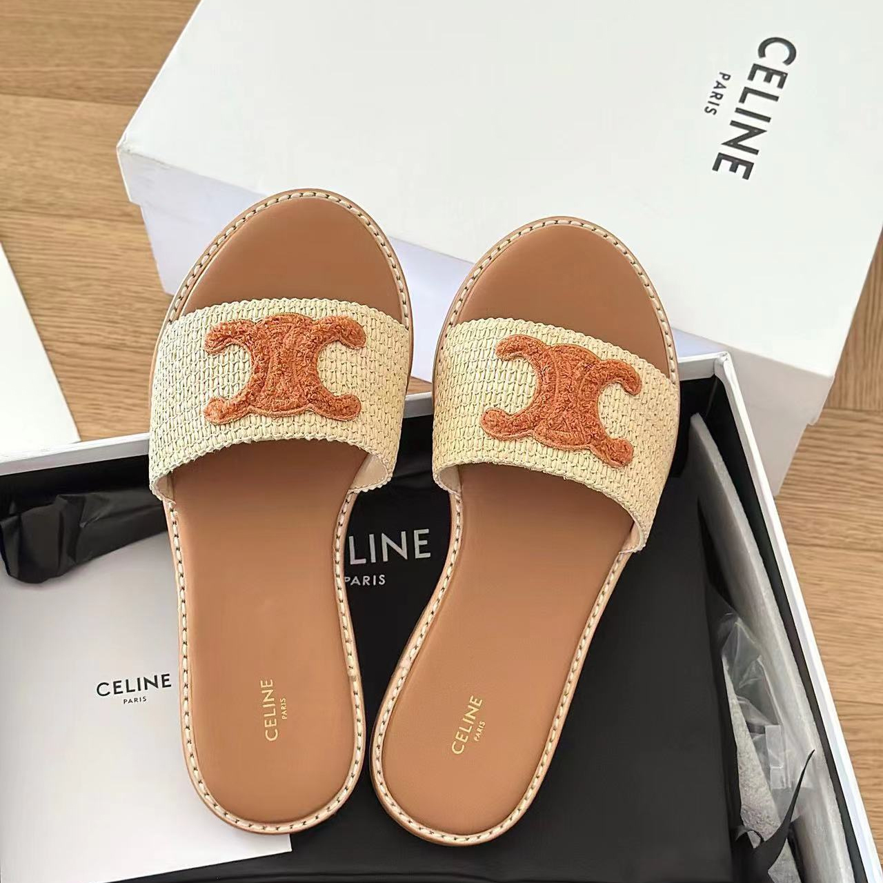 CELINE Women's Mule Sandals - Flat Sandals with Signature Logo (Replica)
