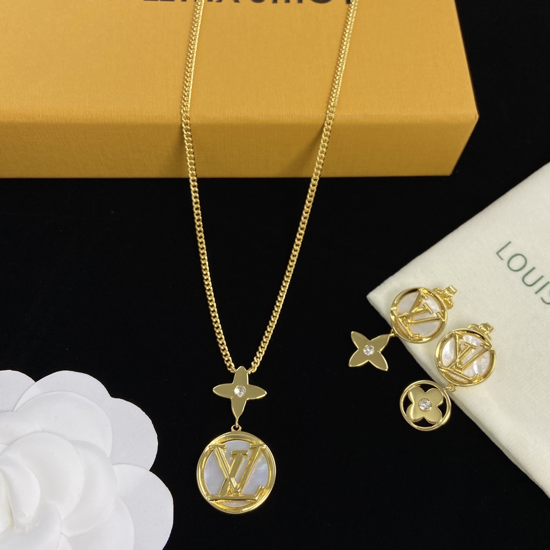 TOP Louis Vuitton LV Necklace Earrings Set - Gold