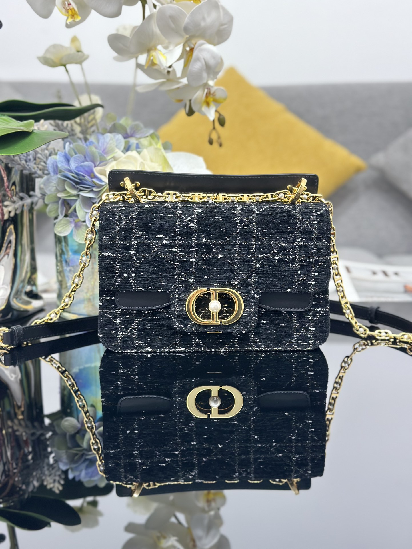 TOP Christian Dior Jolie Top Handle Bag Tweed 22x14x8cm - Black
