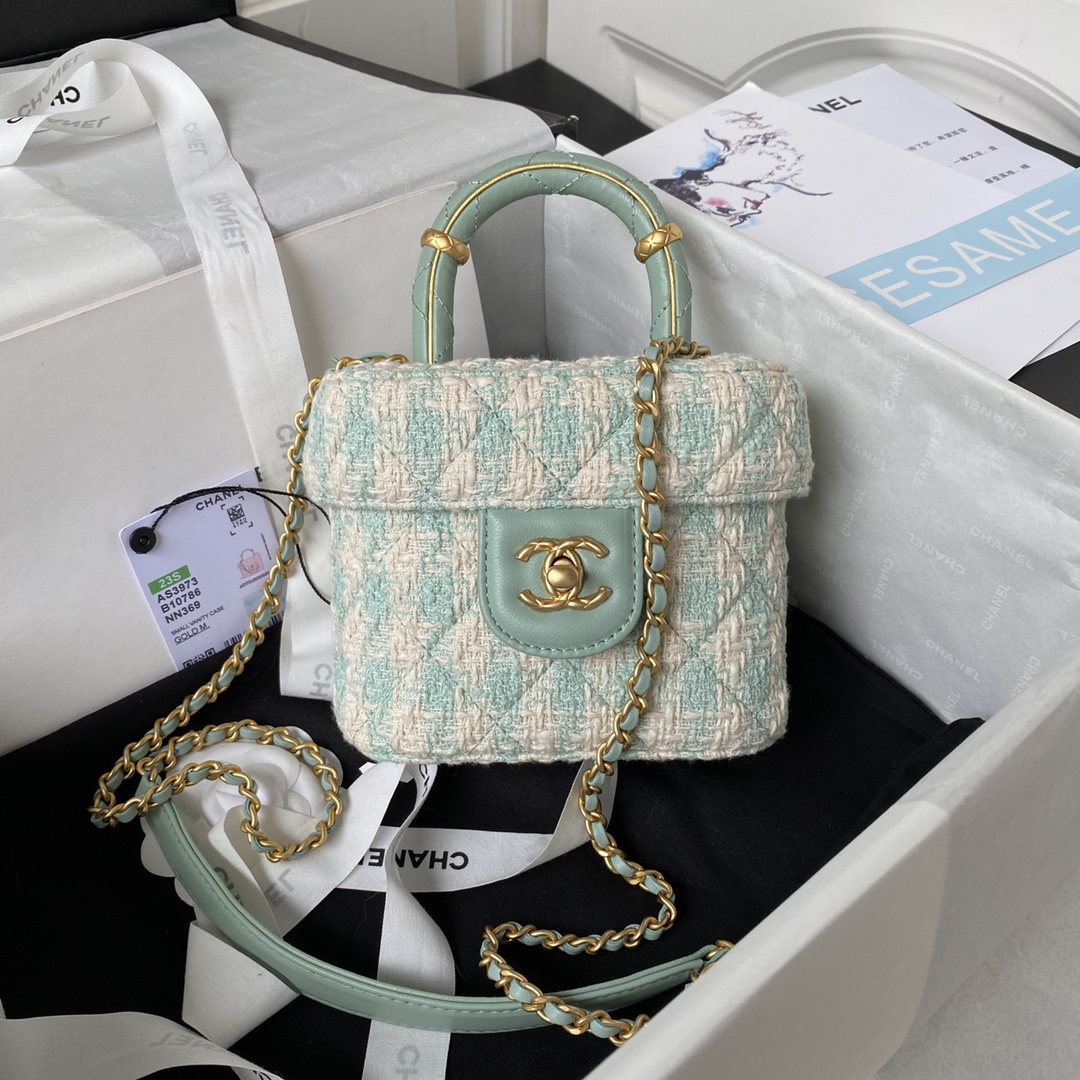 TOP CHANEL 23S Handle Makeup Bag 12.5*15*8cm - Mint Green&GHW