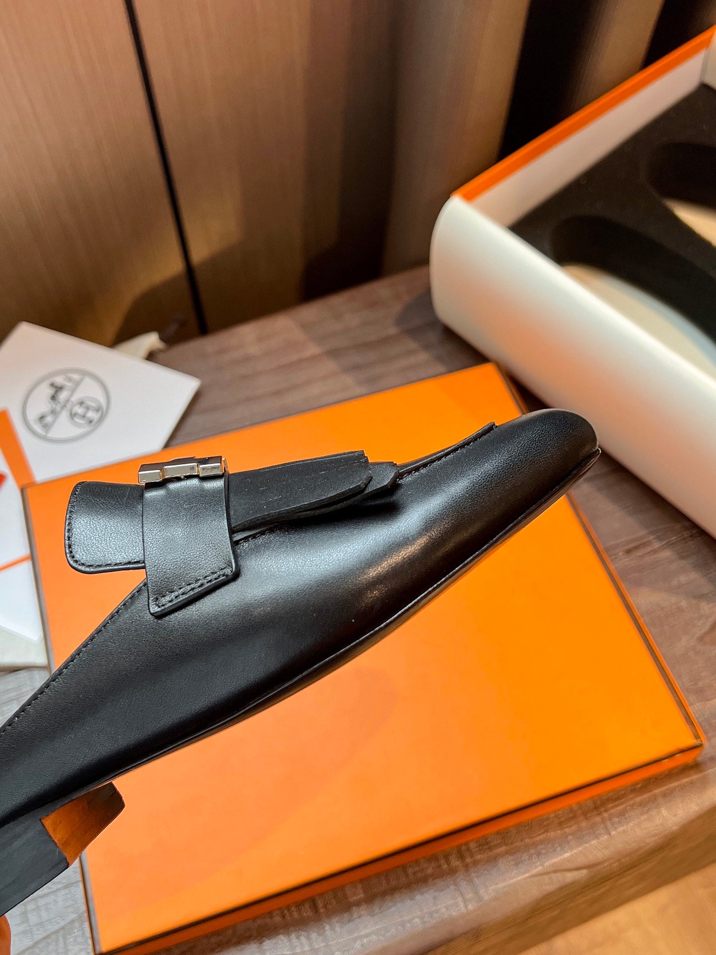 TOP HERMES Rivoli Mules - Black & SHW