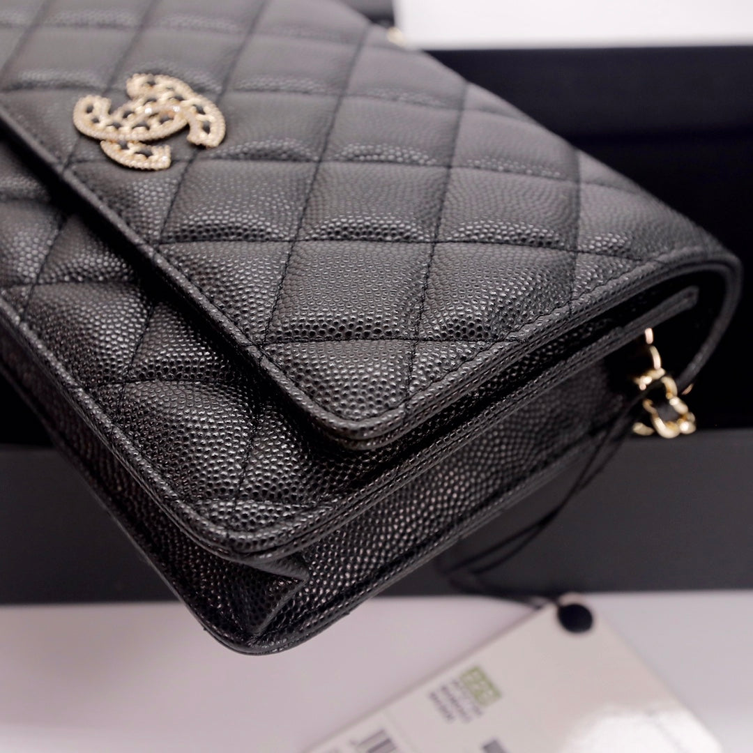 TOP CHANEL WOC Bag Quilt Caviar Bling Bling Logo - Black