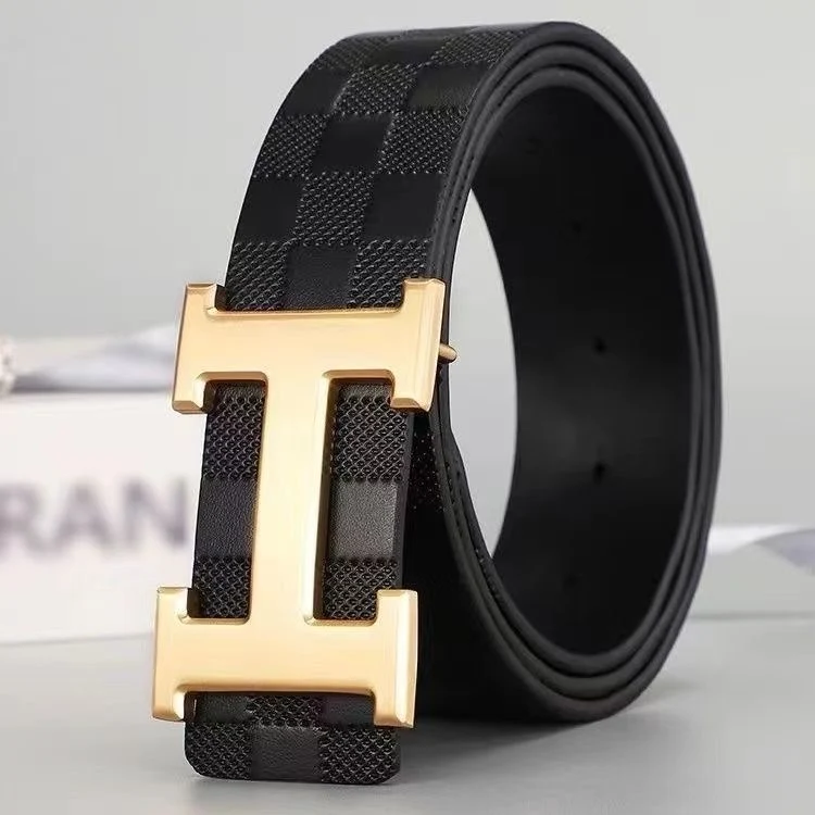 AAABELT Men Checkered Texture Leather Belt, Letter H Metal Slide Buckle Business Waist Belt