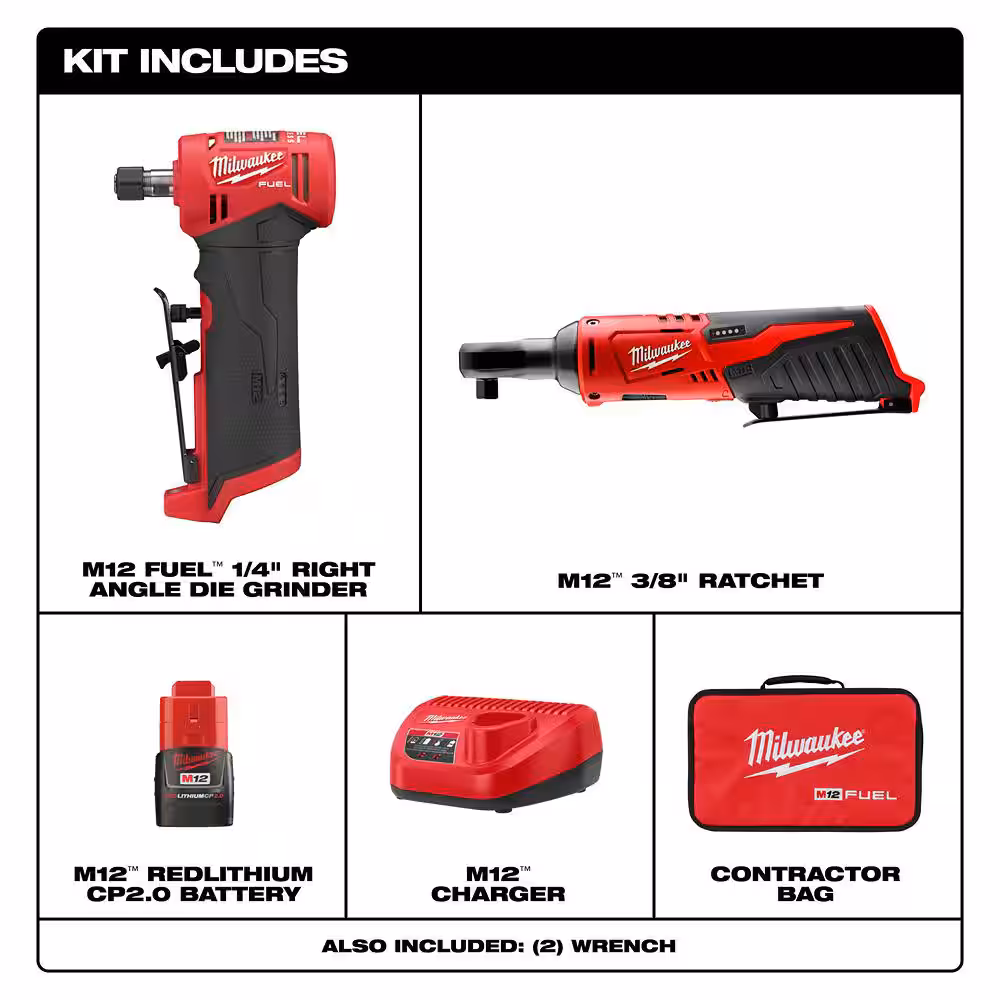 M12 FUEL 12V Lithium-Ion 1/4 in. Cordless Right Angle Die Grinder Kit with M12 Lithium-Ion Cordless 3/8 in. Ratchet