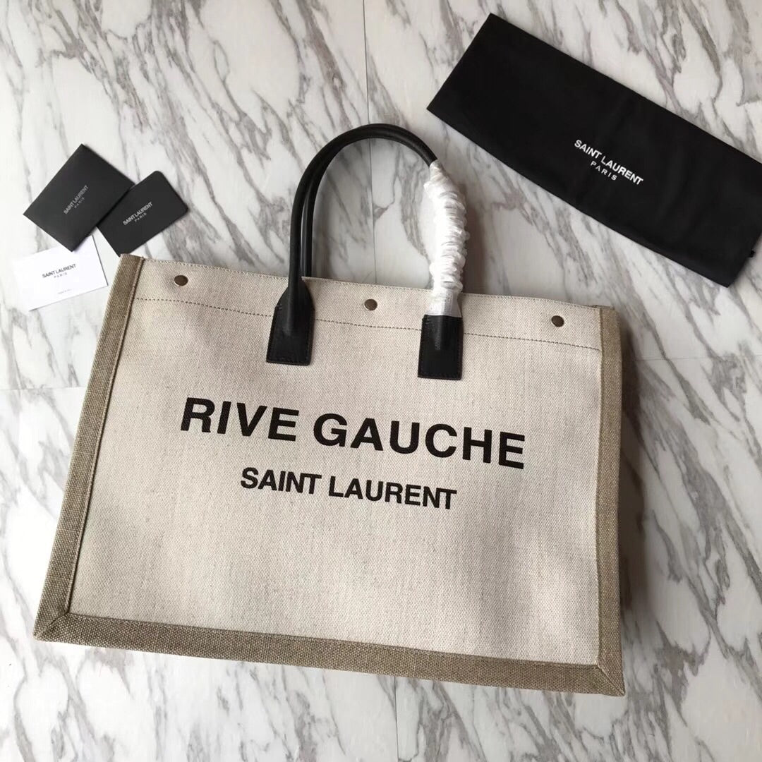 TOP Yves Saint Laurent YSL Rive Gauche Canvas Tote Bag - Tan