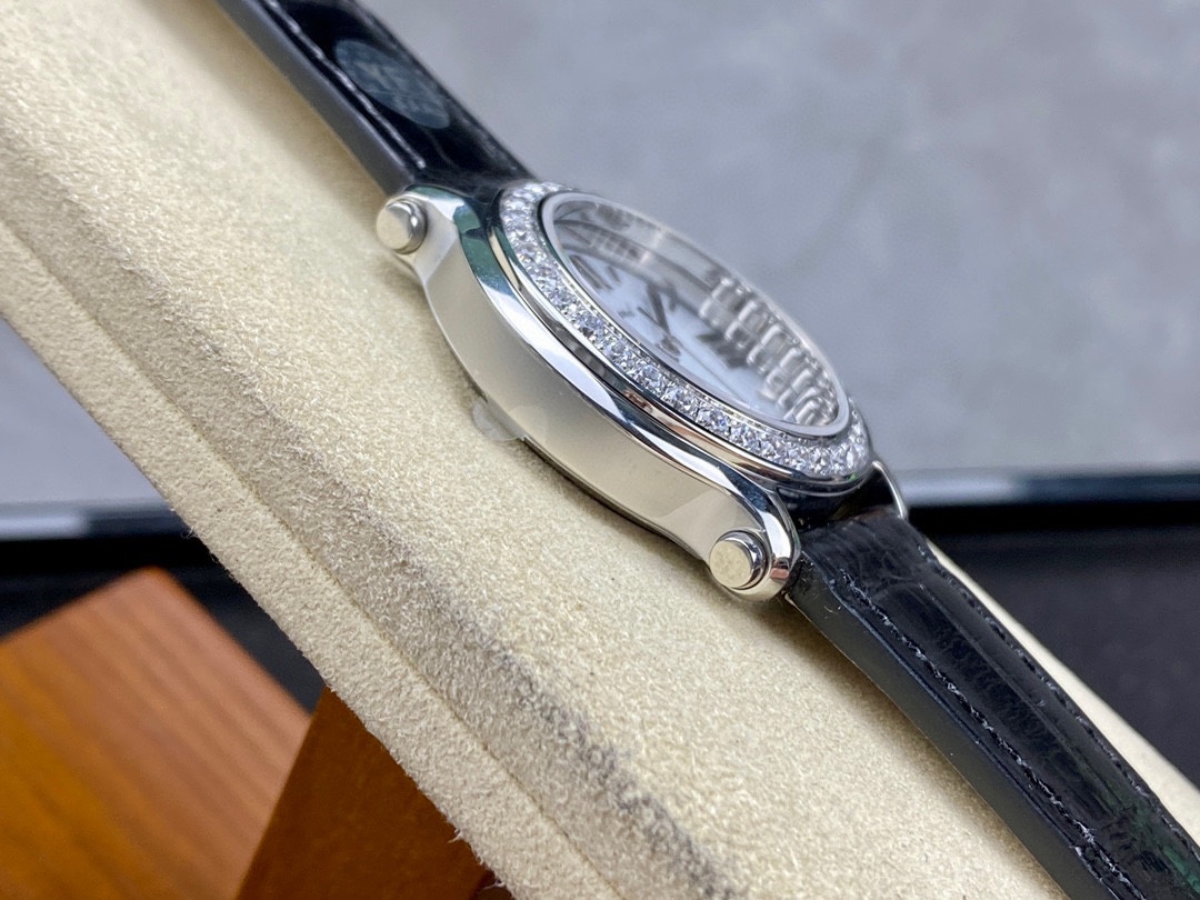 Chopard Happy Sport Ladies Watch, Diamond Bezel, Black Crocodile Leather Strap Wristwatch