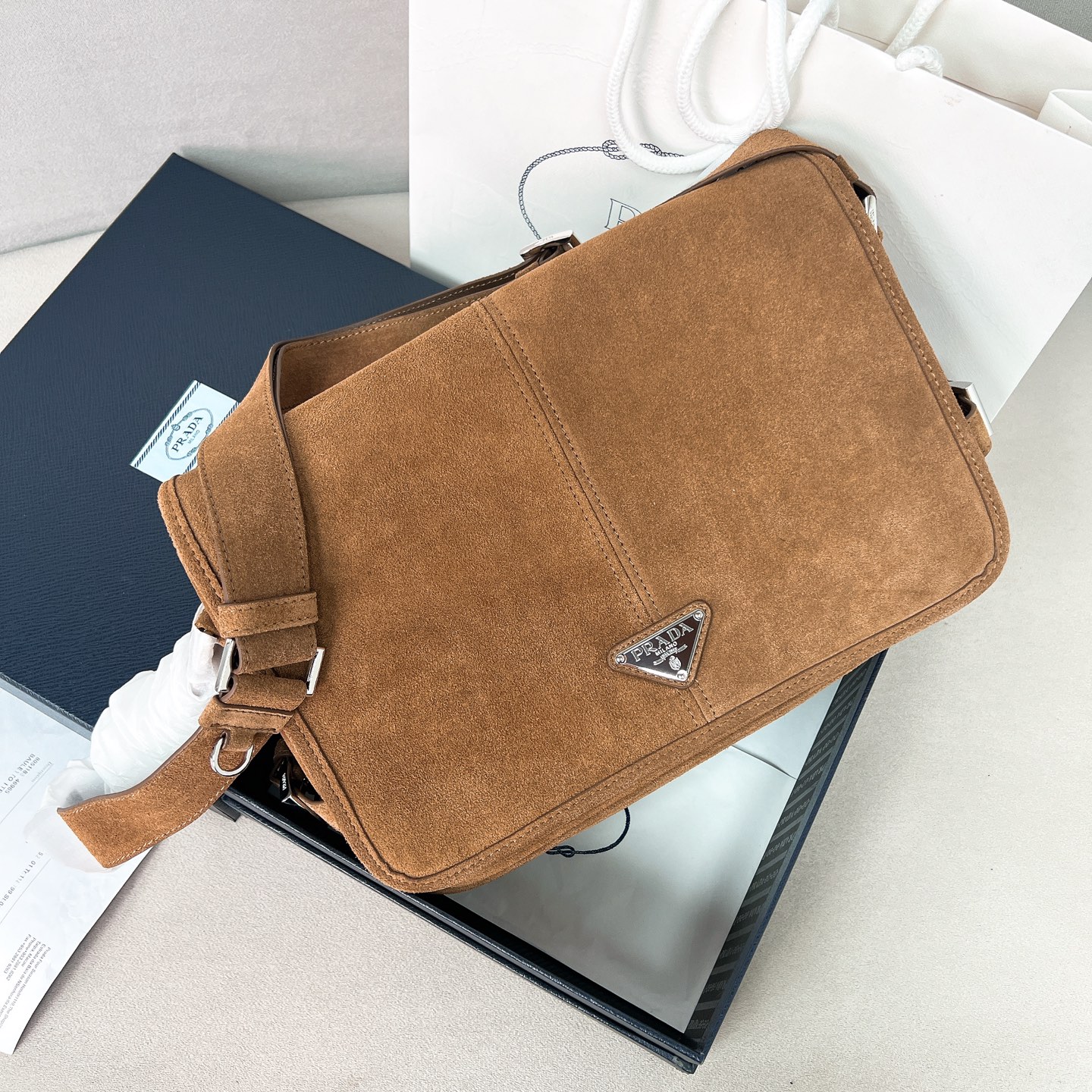 TOP PRADA  Suede Messenger Bag 30x20x11cm - Brown