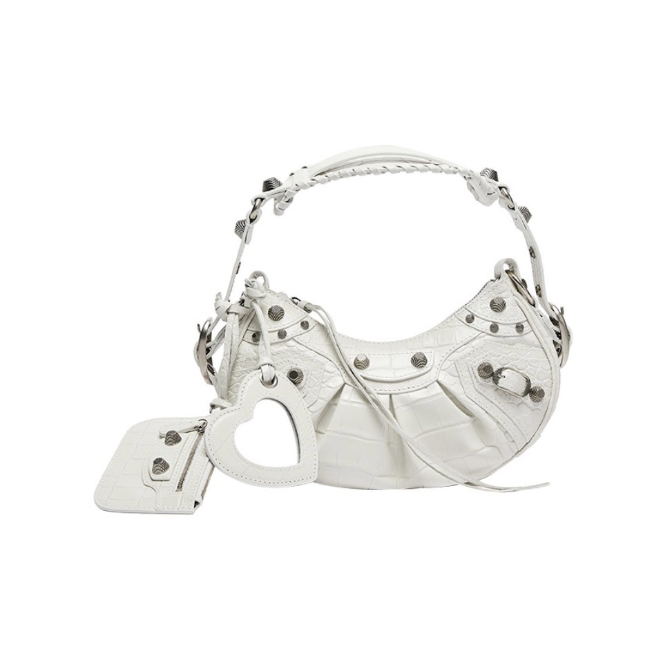 BALENCIAGA Le Cagole XS studded crinkled-leather shoulder bag White（10A Mirror Version）