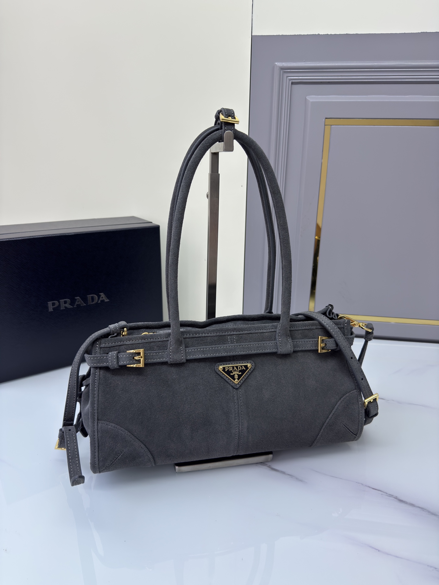 TOP PRADA LusSolf Bag Suede 32x15.5x12cm - Gray