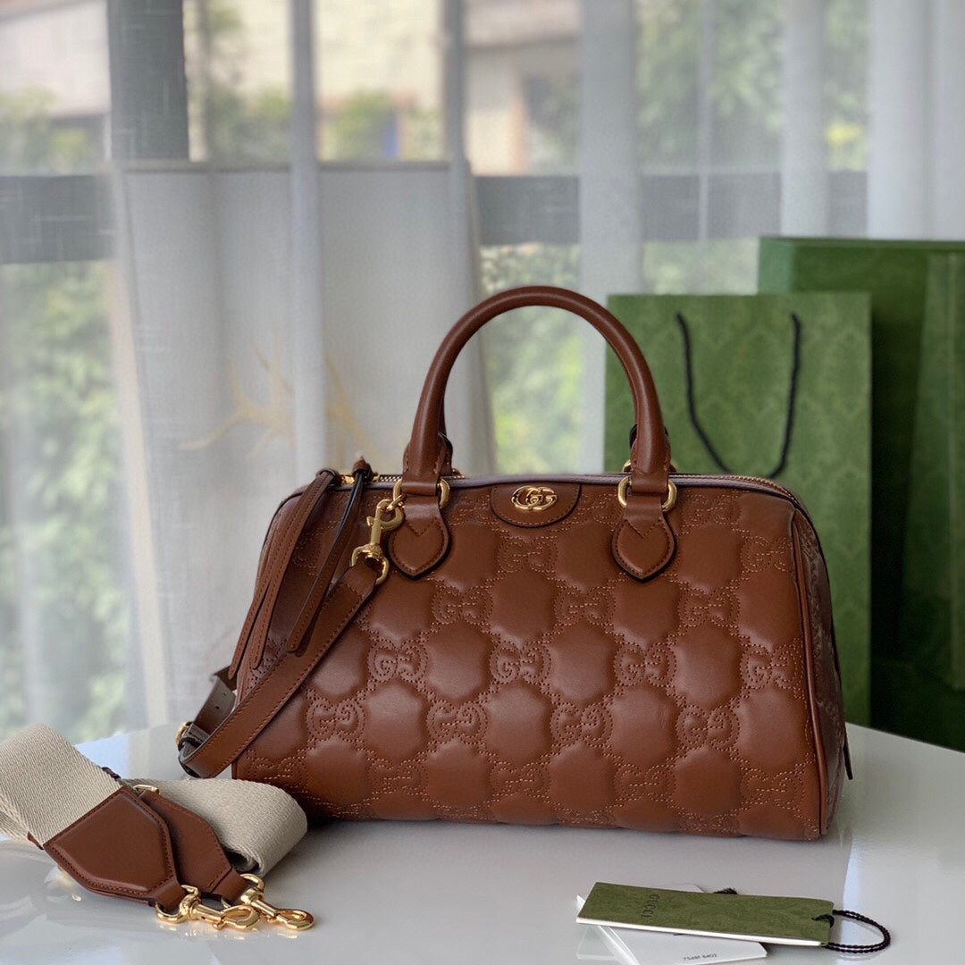 TOP GUCCI G*G Matelasse Leather Top Handle Medium Bag - Brown