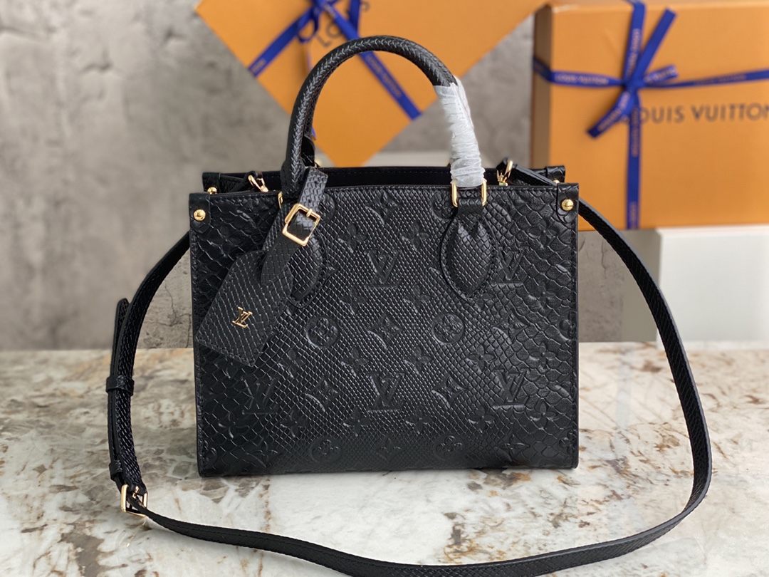 TOP Louis Vuitton LV On The Go Tote Bag Monogram Lizard Pattern Calfskin 25x11x19cm - Black