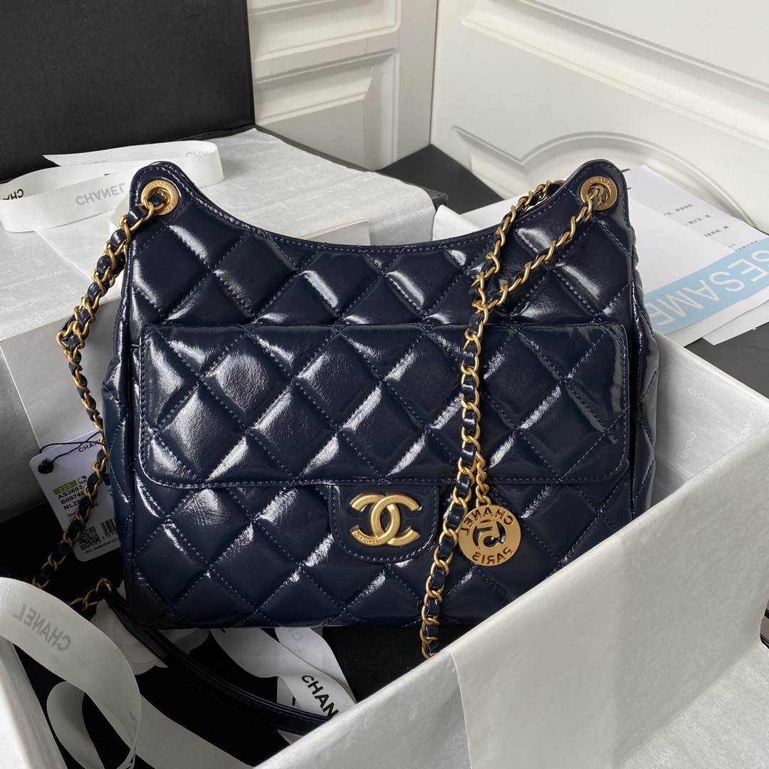 TOP CHANEL Wax Skin Hobo Bag 27×31×8cm - GHW - Blue