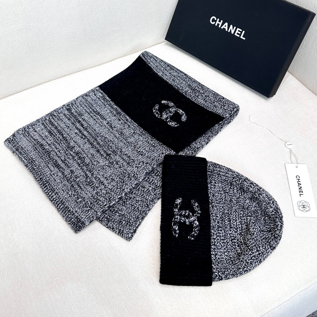 TOP CHANEL Cashmere Scarf 30*200cm + Hat - Gray
