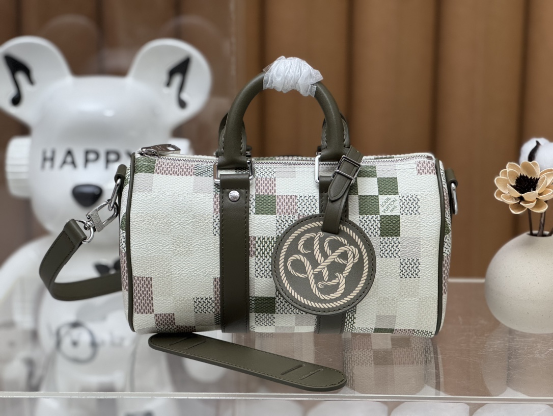TOP Louis Vuitton LV Keepall Bandoulière 25 Handbag 25 x 15 x 11cm - Green and Beige