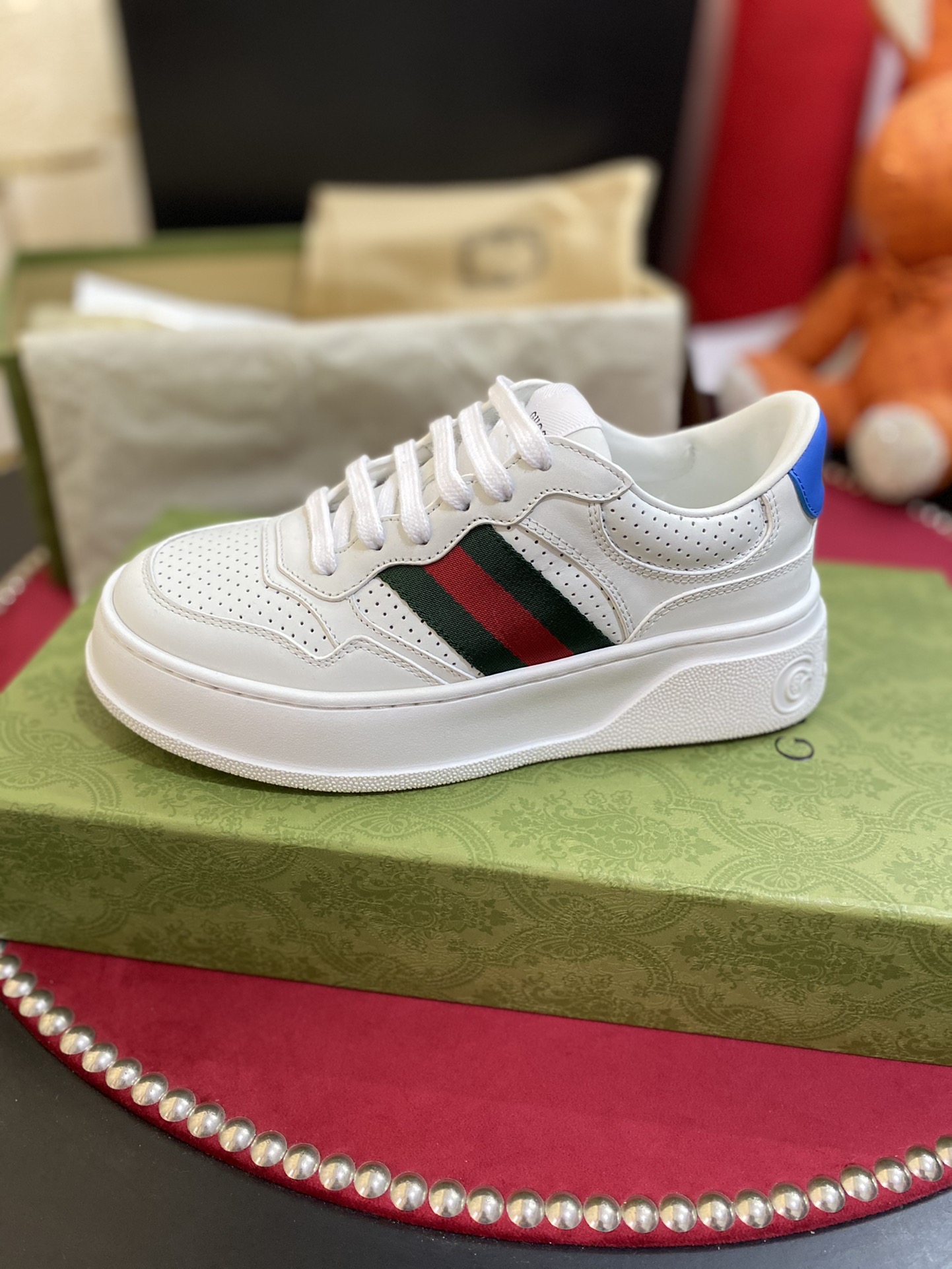 TOP GUCCI Double G Embossed Leather Rubber Platform Sneakers - White