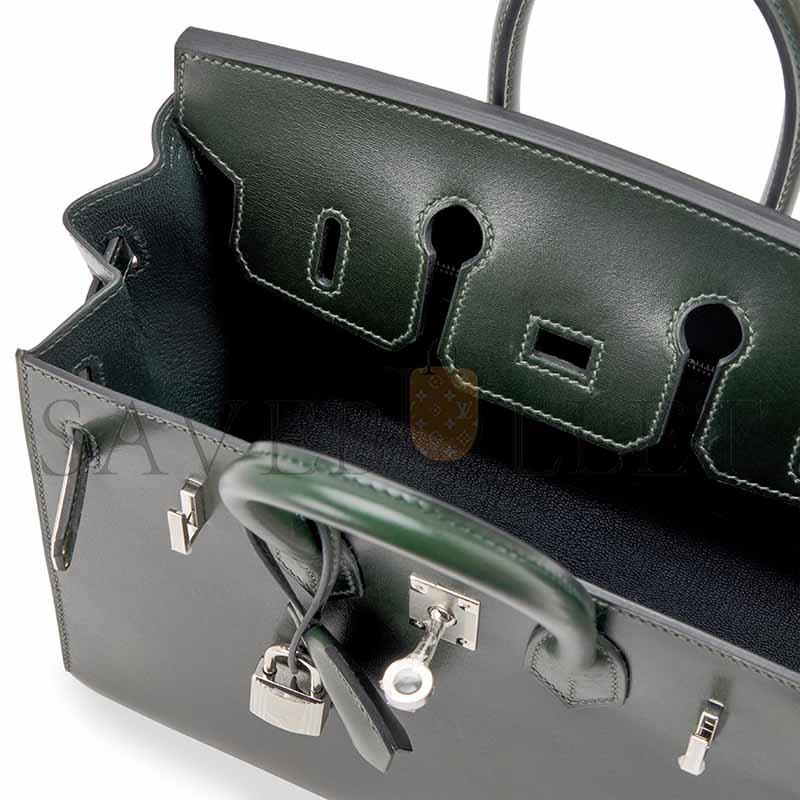 HERMÈS BIRKIN 25 SELLIER VERT FONCE BOX CALF PALLADIUM HARDWARE  (25*20*13cm)