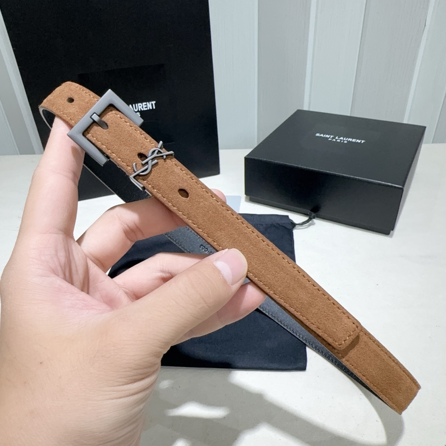 SAINT LAURENT Suede Thin Belt For Women, YSL Metal Square Buckle Decorative Waist Belt, Multiple Colors Available