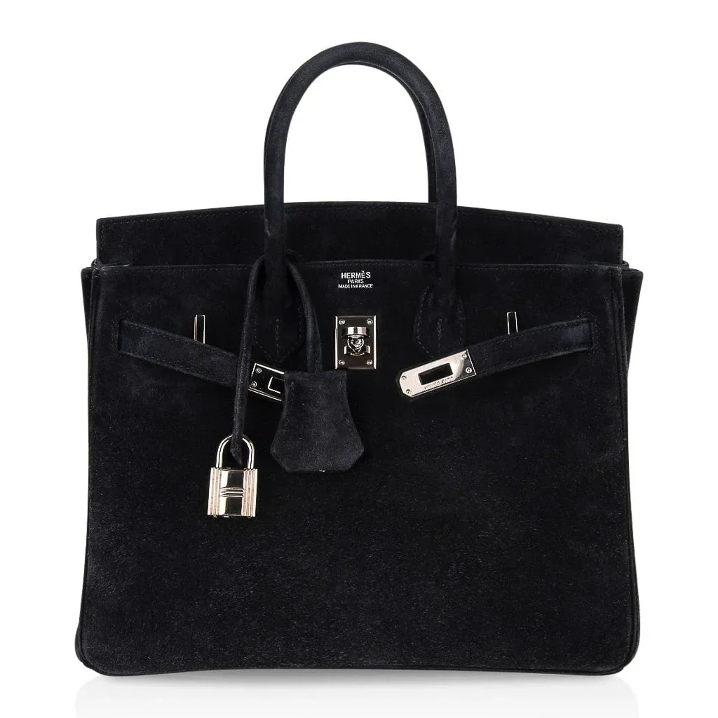 Birkin 25 Bag Black Doblis Suede with Palladium Hardware