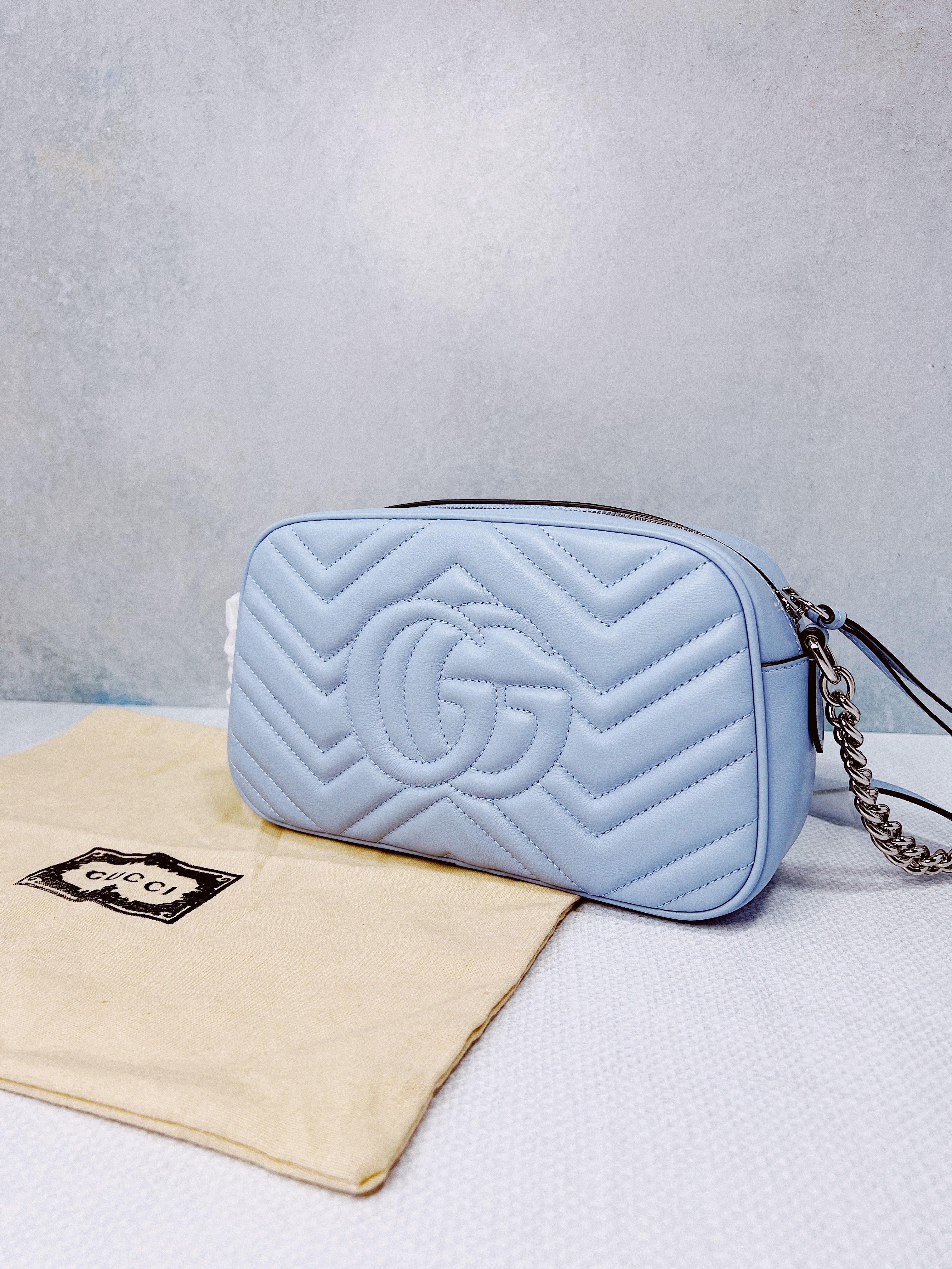TOP GUCCI GG Marmont Bag Matelasse Small - Light Blue & SHW