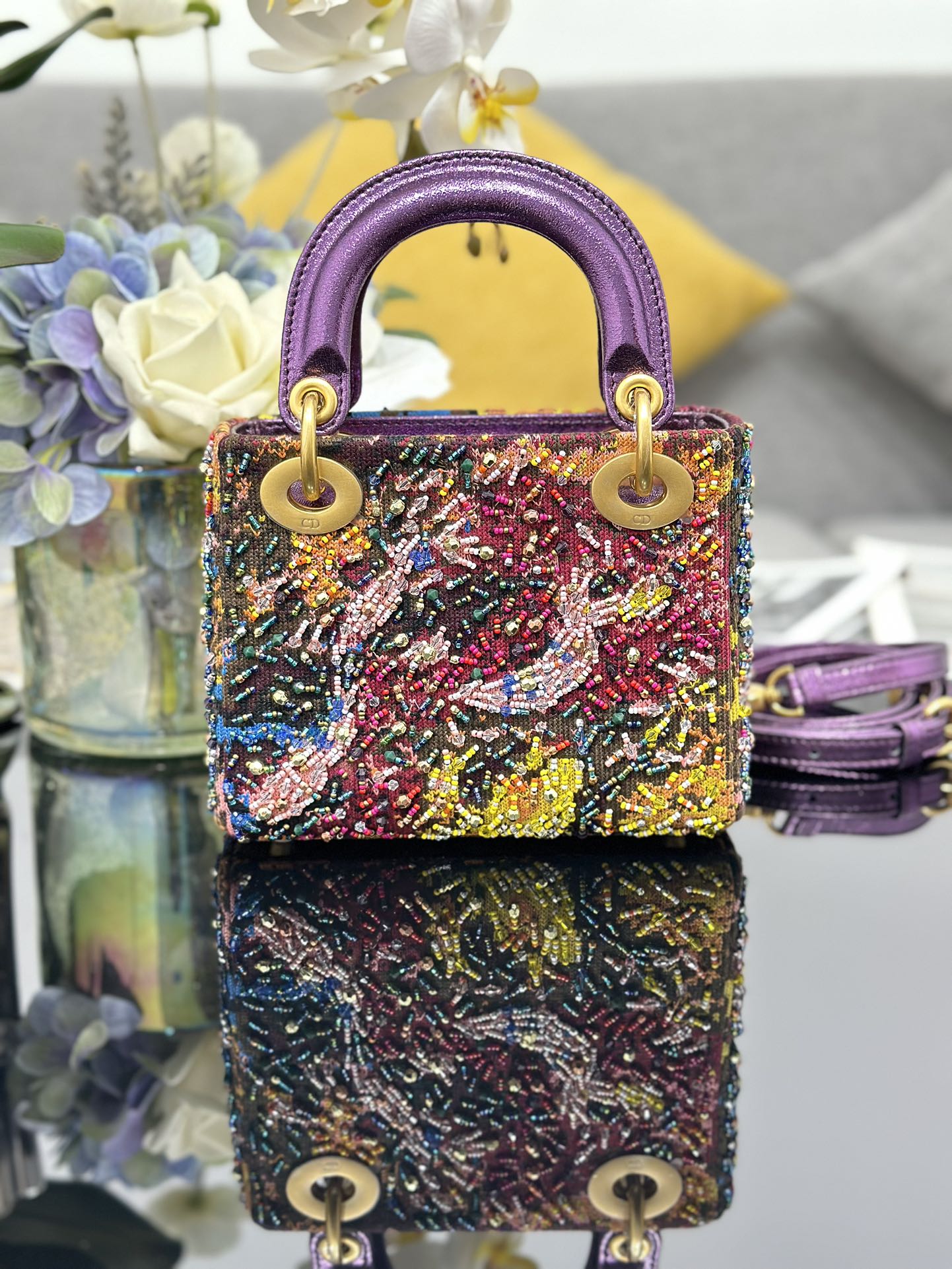 TOP Christian Dior Lady Dior Bag Embroidery Art Limited Beads 17x15x7cm - Colorful