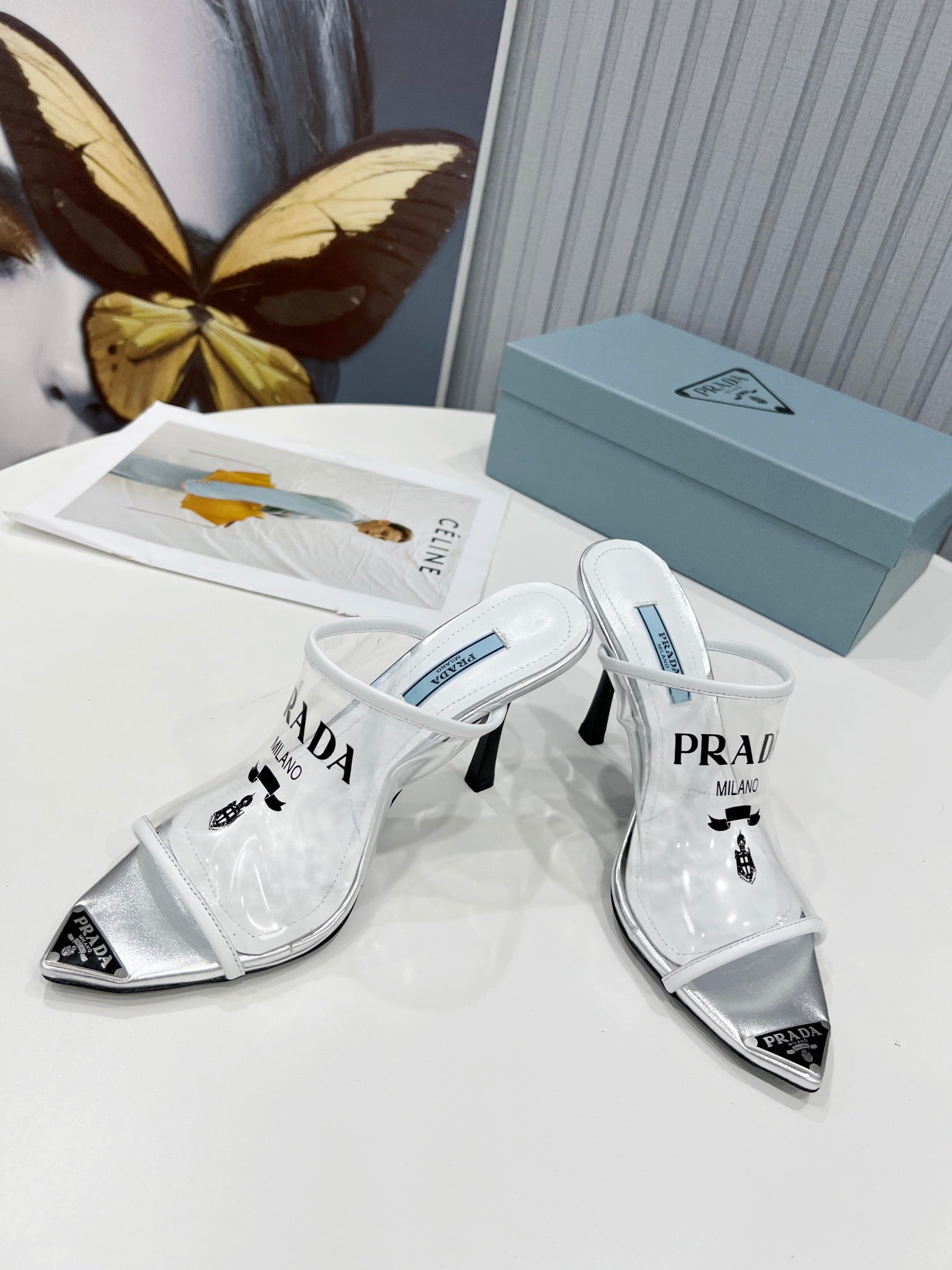 TOP PRADA Logo-print Plexiglas High-heel Slides - White