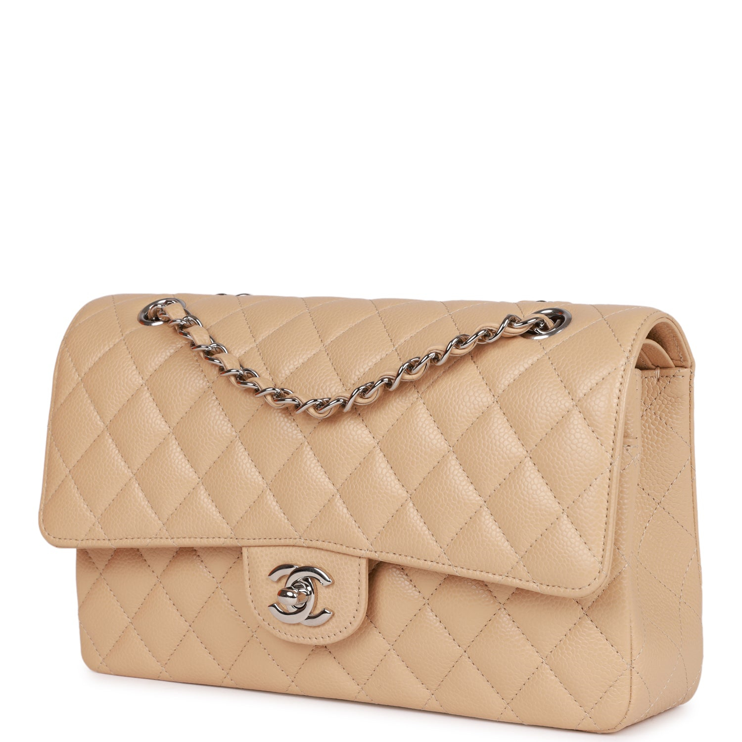Chanel Classic Flag Bag Medium Classic Double Flap Bag Beige Caviar Silver Hardware