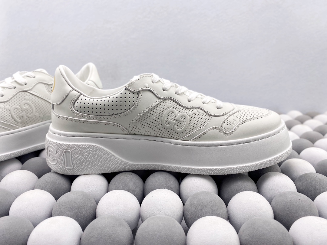Gucci Women White Platform Sneakers Embossed GG Perforated Leather Lace‑up Casual Shoes
