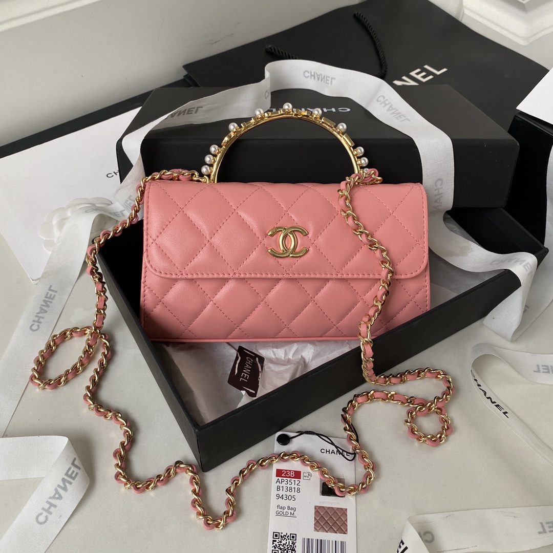 TOP CHANEL Flap Kelly Enamel Pearl Wrist Chain Bag Enamel Top Handle 10×18×4.5cm - Red