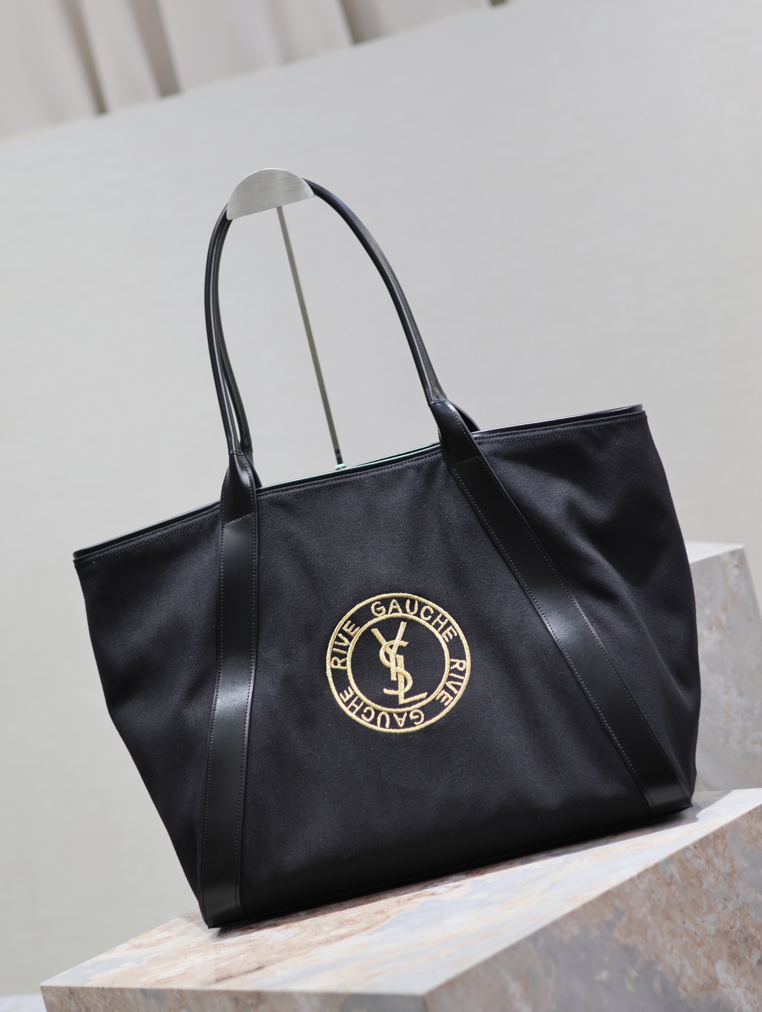 TOP Yves Saint Laurent YSL Rive Gauche Embroidered Cowhide Shopping Bag 40-60×30×20cm - Black