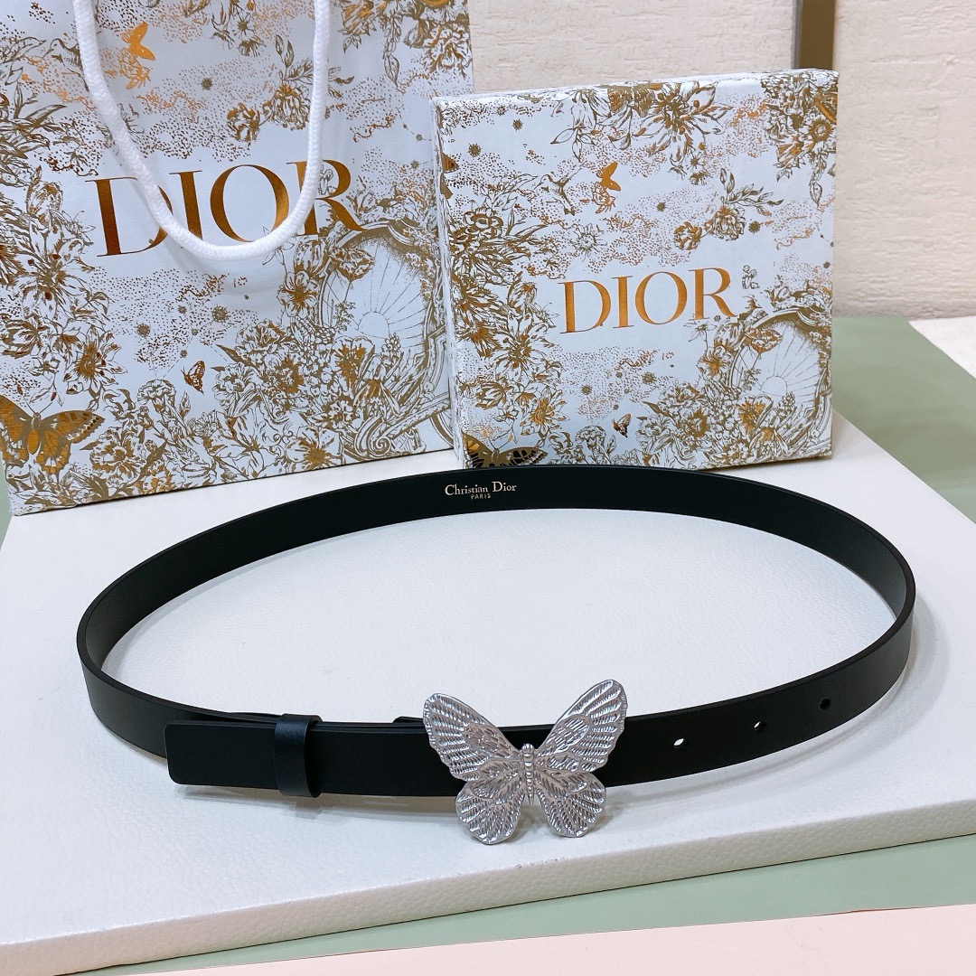 TOP Christian Dior Butterfly Cow Leather Belt 2CM - Black