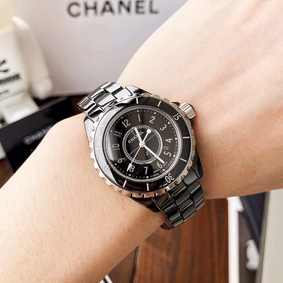 CHANEL J12 Unisex Watch, Black Ceramic & Stainless Steel Bracelet Wristwatch with Date Display