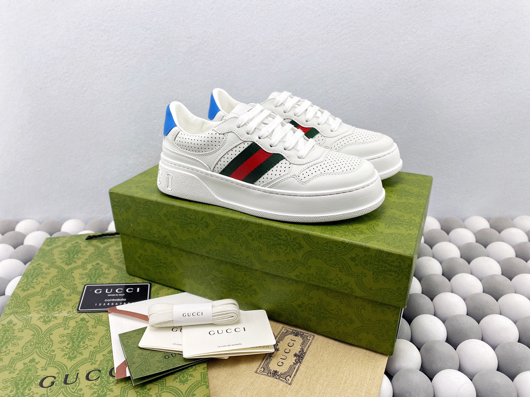 Gucci White Web‑Stripe Platform Leather Sneakers Blue Heel Complete Original Gift Box Set Shoes